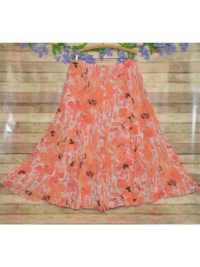 Rafael Maxi Skirt Size XL Pull On Peach Brown Floral Crinkle Chiffon Boho Lined